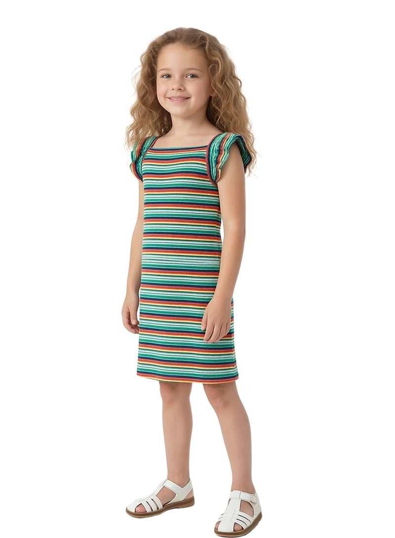 WiNi BEE Rainbow Striped Dress for Girls 2-6 Years | Ruffle Sleeve Toddler Kids Dress | Colorful Casual Sleeveless/Short Sleeve Dress - Image 3